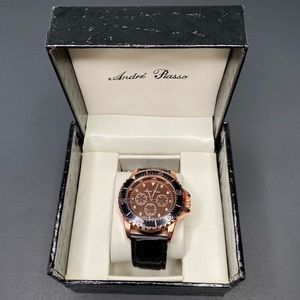 New Vintage Andre Piasso Mens Copper/ Black Tone Leather Wrist Watch Gift